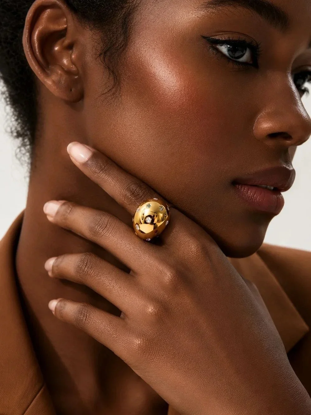 Gold Dome Ring with Crystal Studs